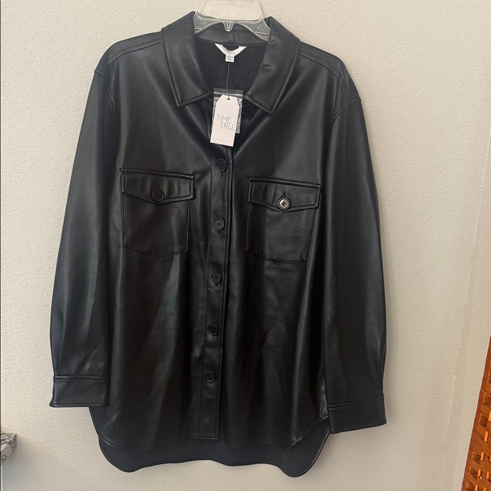 Time and Tru Black Faux Leather Button-Down Shirt Jacket
